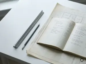 Architectenlineaal en potlood naast een open budgetboek op een witte tekentafel, met een plattegrond eronder.